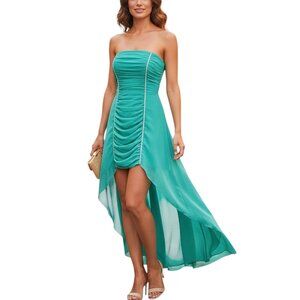 Strapless Chiffon Beaded Rhinestones High-Low Bodycon Dress